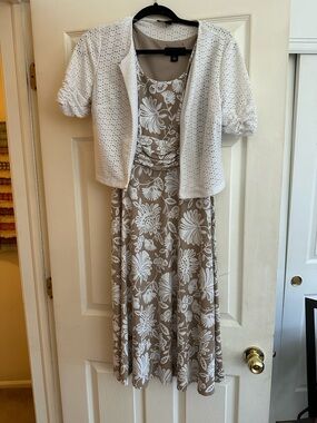 Perceptions Taupe and White Floral Dress with White Eyelet Bolero